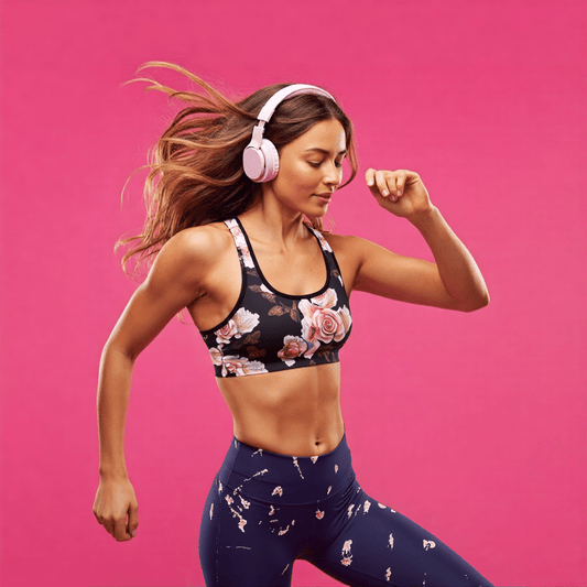 The Unstoppable Workout Set outfit features The Paris Performance Bra with its XL pale pink rose print, paired with The Bristol Sculpt Leggings and their black and vibrant graffiti brush stroke print.