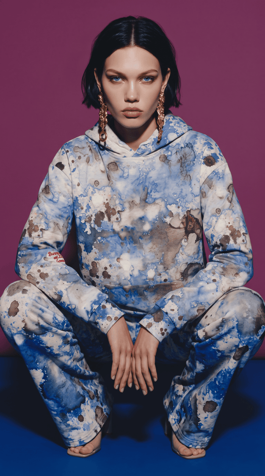 A model wearing the Amalfi Resort Hoodie and matching flow joggers in a matching blue and white abstract print hoodie and sweatpants set, posing in a crouched position against a solid purple background.