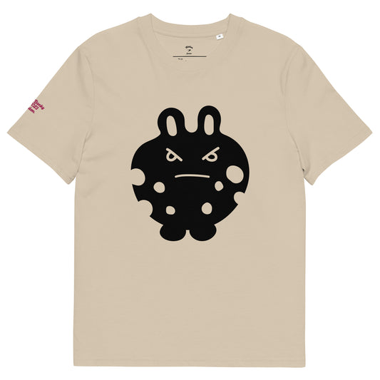 Front view of the BunnyBanky unisex organic cotton t-shirt in desert dust beige, featuring a bold black bunny monster character graphic printed on the center chest, and a smaller one at the back