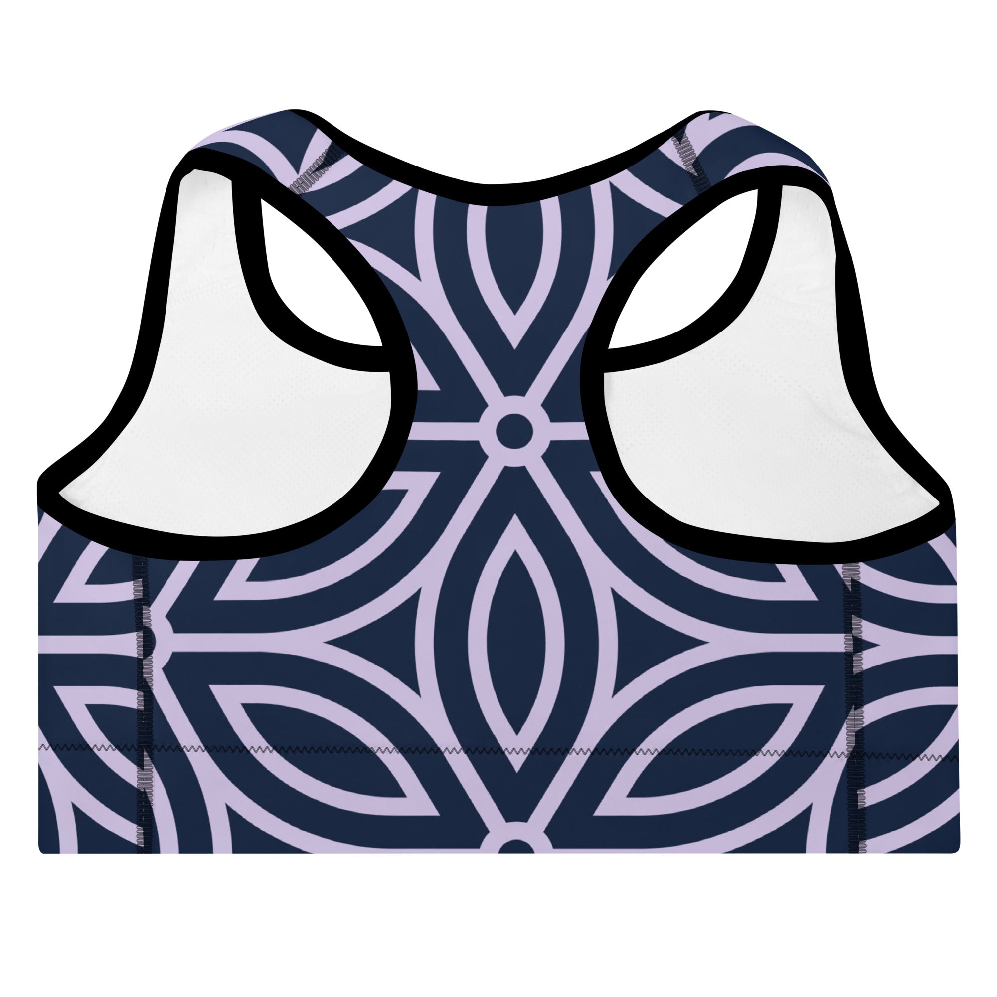 the Canary Wharf Performance Bra in blue and lilac geometric floral pattern