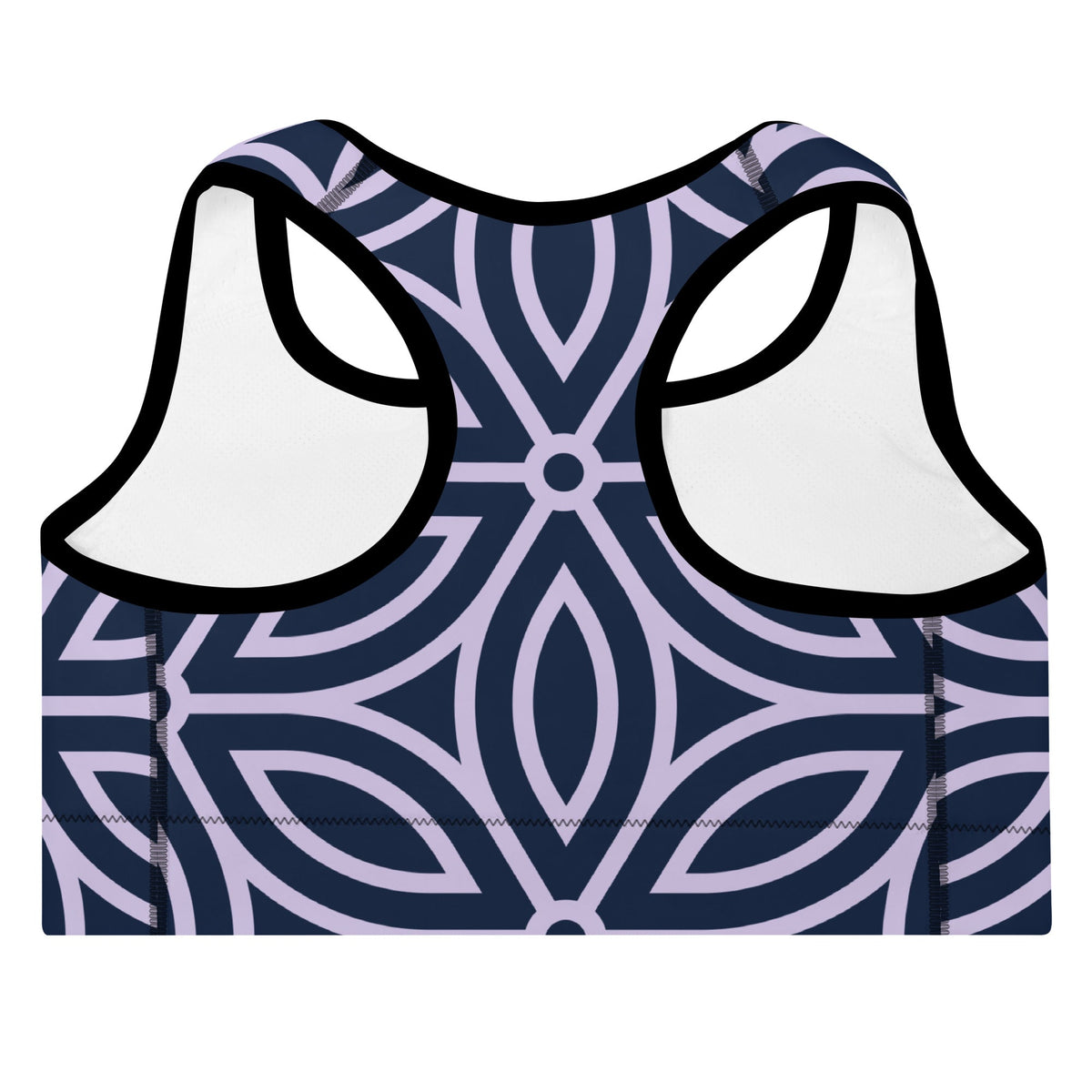 the Canary Wharf Performance Bra in blue and lilac geometric floral pattern