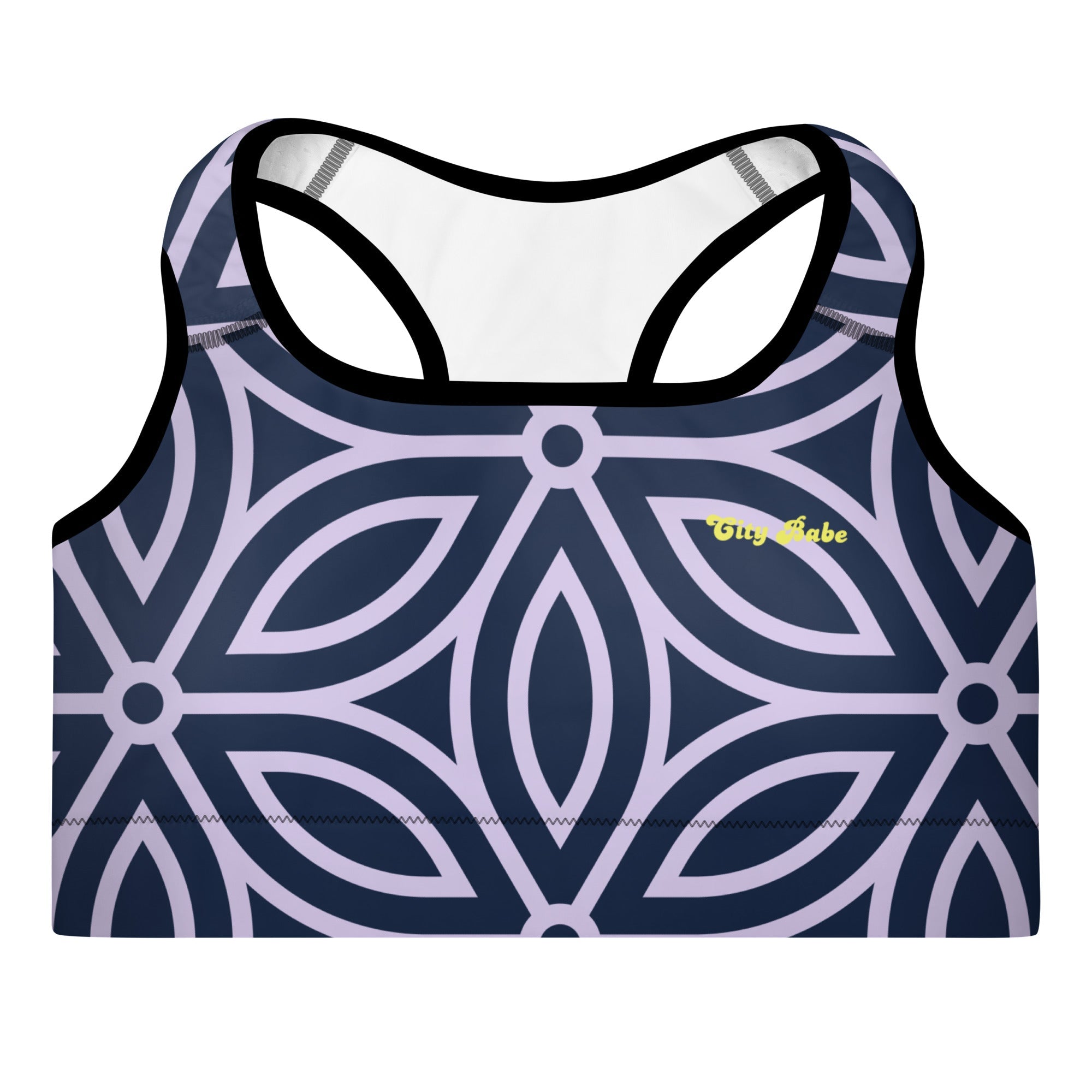 the Canary Wharf Performance Bra in blue and lilac geometric floral pattern