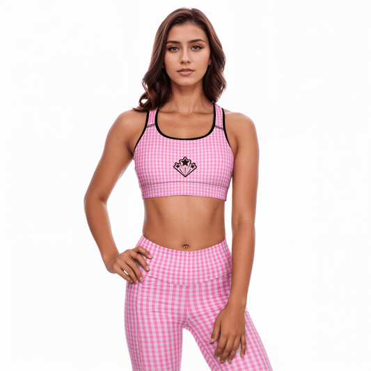 BunnyBankY AI proprietary model wearing the EcoFlex Glam Set. The set includes a pair of Sculpt Leggings and matching Performance bra in plaited pink pattern. The Performance Bra features a black 3 stars print at the front.