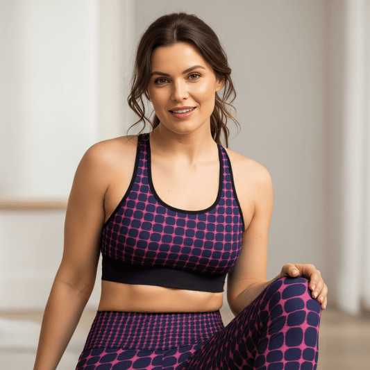 A BunnyBankY AI proprietary model wearing the complete Embankment set, featuring the Performance Bra and Sculpt Leggings. The set showcases the high-contrast fuchsia and navy geometric print, inspired by the structural lines of London's Embankment.