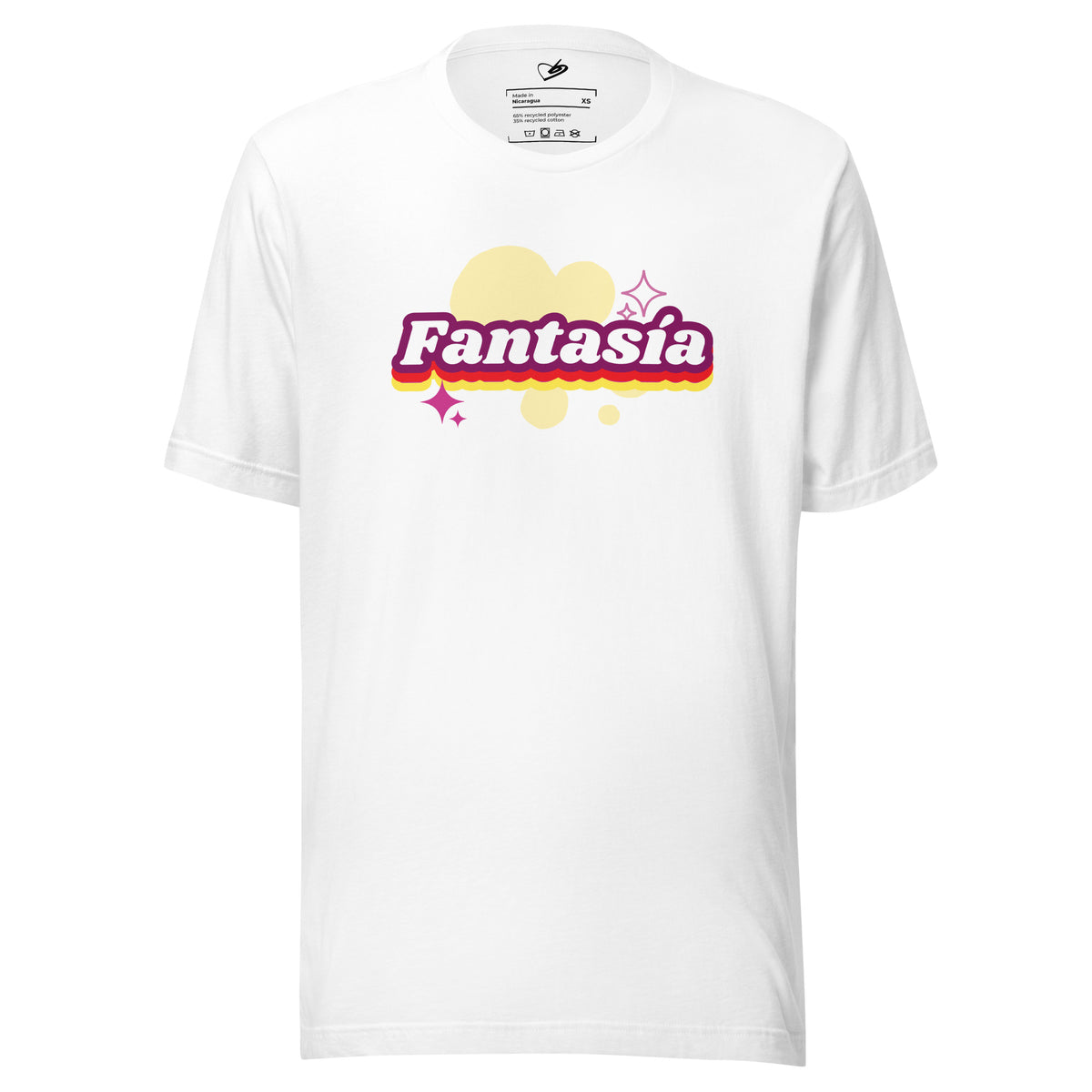 Front view of the Fantasia Tee featuring "Fantasia" text in vibrant, colorful pop-up lettering on 100% recycled fabric.