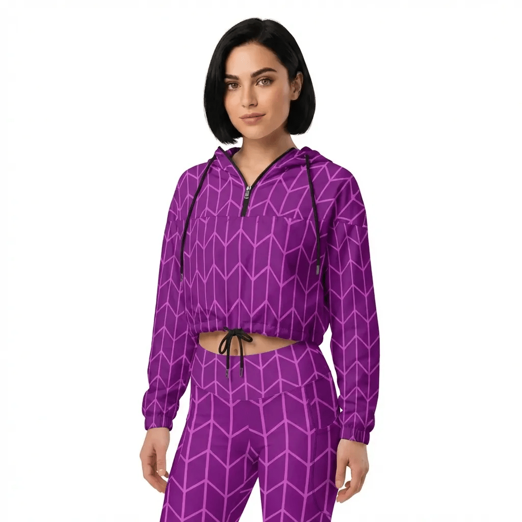 BunnyBankY AI model wearing The New York Windbreaker, showing the lightweight jacket's fit and the signature purple and lilac Art Deco print with matching New York Sculpt Leggings.