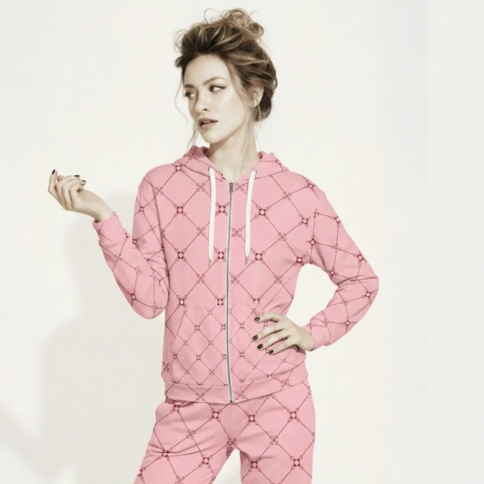 AI Proprietary Model wearing the full Mayfair Set, showing the burgundy and pink geometric monogram print on both the zip hoodie and the slim fit joggers, emphasizing the cohesive, tailored look of the recycled polyester set.