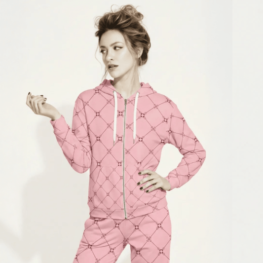 AI Proprietary Model wearing the full Mayfair Set, showing the burgundy and pink geometric monogram print on both the zip hoodie and the slim fit joggers, emphasizing the cohesive, tailored look of the recycled polyester set.