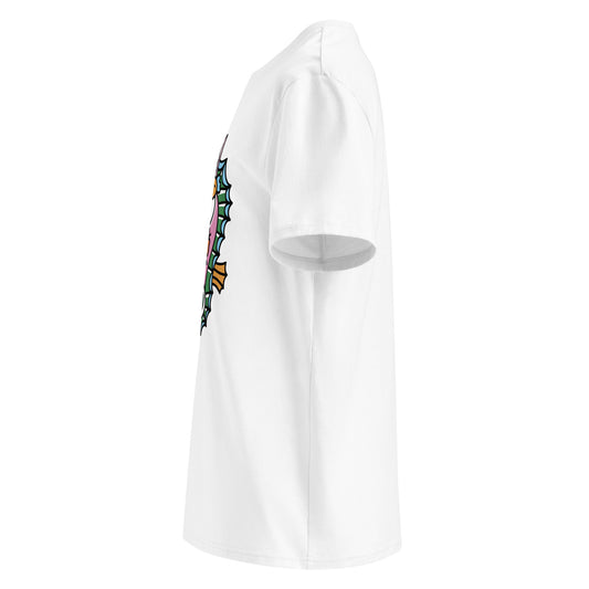 the white organic t-shirt featuring a symmetrical graphic of two colorful seahorses with bunny ears and floral details