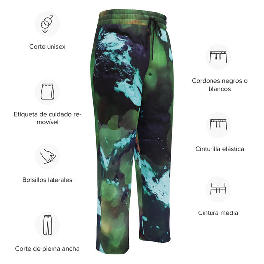 A close-up of The Abstract Flow Joggers' print, showing the soft recycled polyester fabric and the abstract expressionism brush strokes in green and blue.