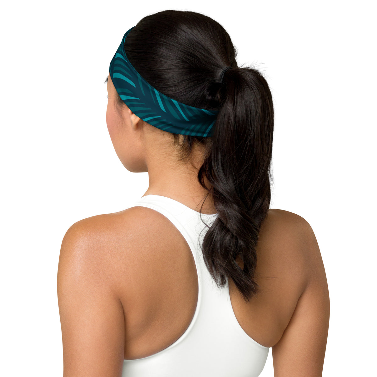 model wearing the amazonia botanical headband in vibrant green print
