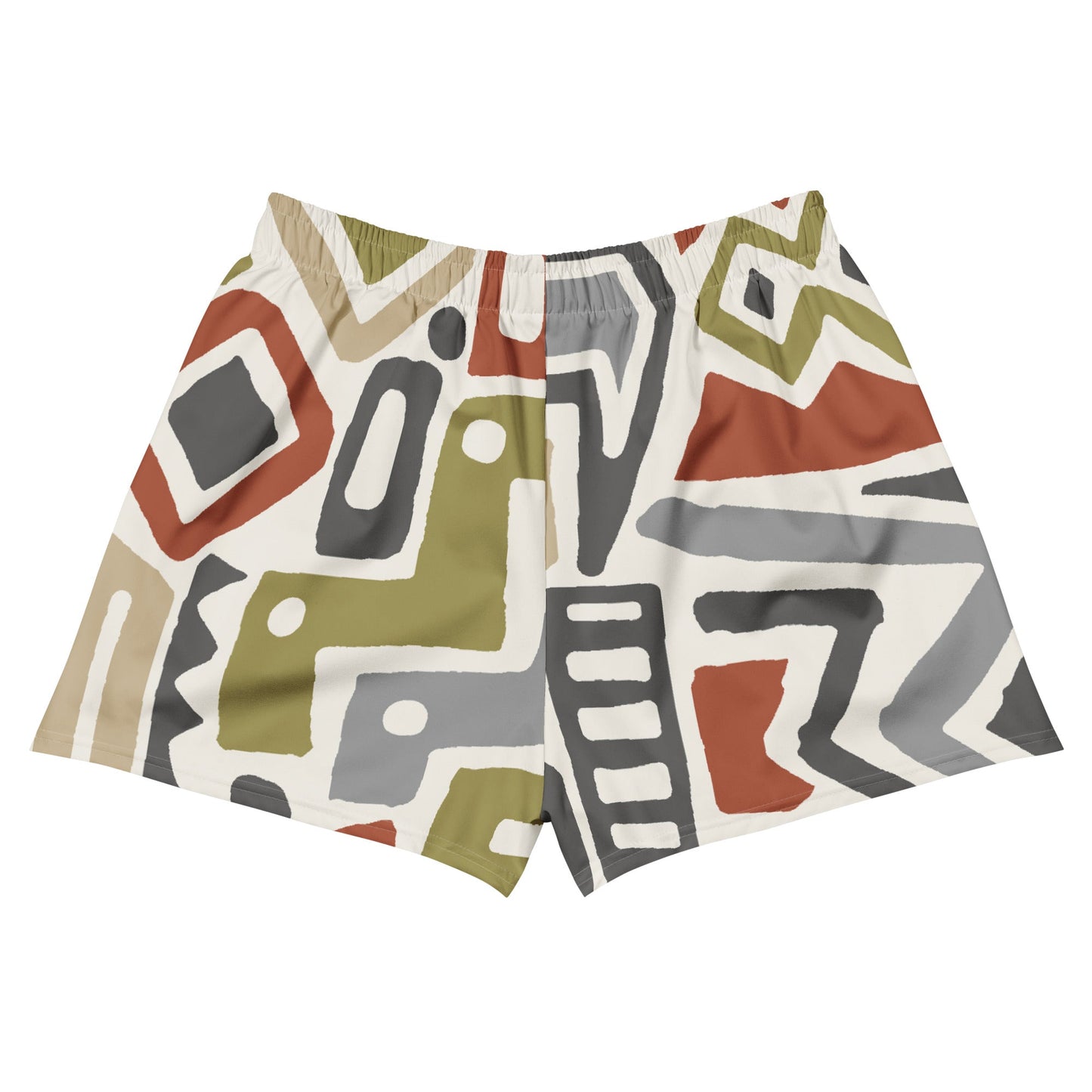 A close up of the Amsterdam Athletic Shorts, showcasing the vibrant cobalt blue and white geometric grid print. The 2.5″ inseam and moisture-wicking recycled fabric are highlighted in an athletic pose.