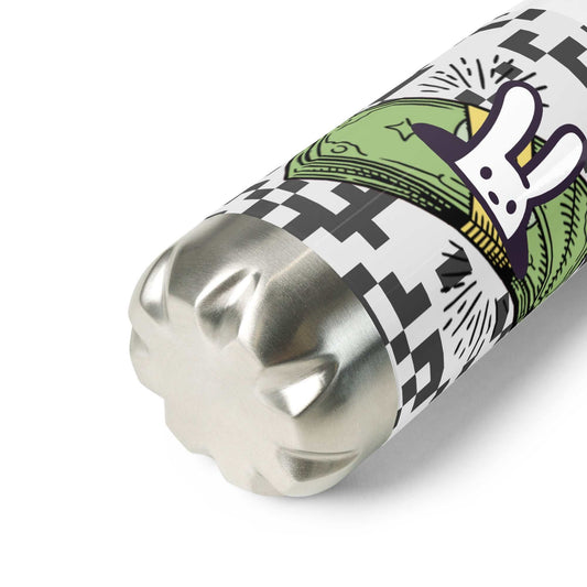 A close-up of The BankY Bottle's glossy print, showing the signature BunnyBanky bunny and a stack of cartoon "BankY" notes.