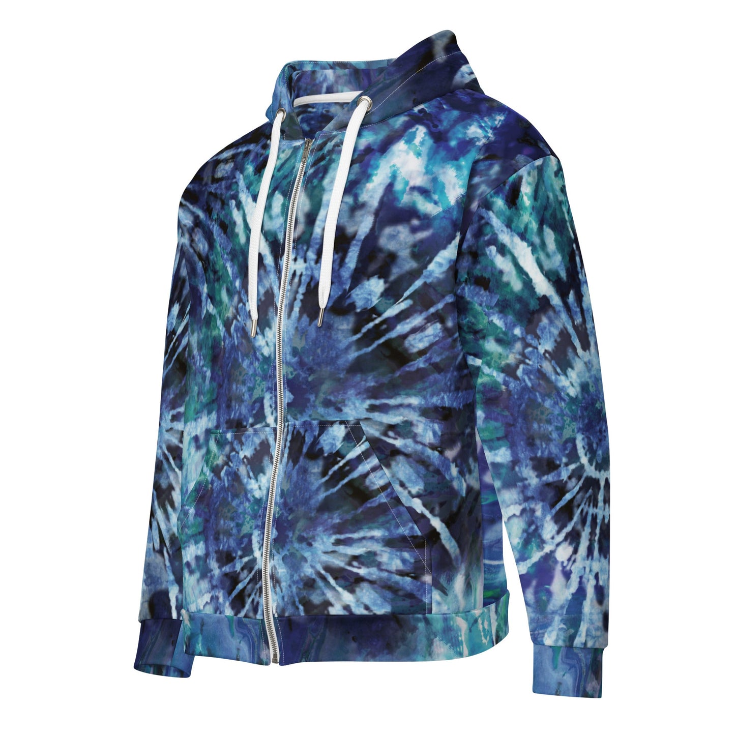Close-up of the Athens Hoodie's tie-dye blue print and the soft texture of the 95% certified recycled polyester fabric.