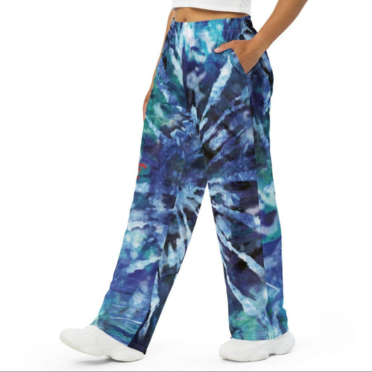 Model wearing the athens wide leg joggers highlighting the blue te diy hues