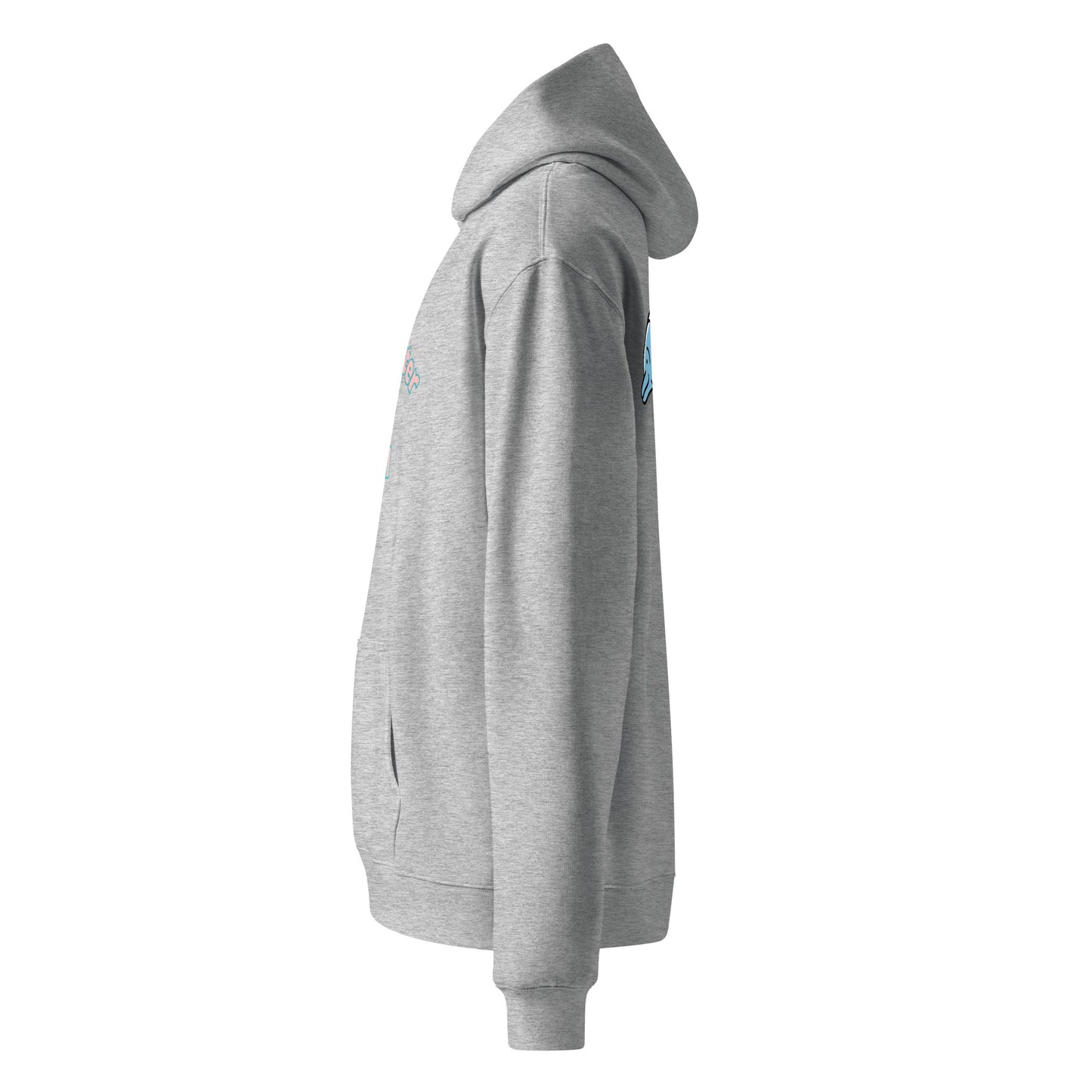 A close up of The Azimuth Oversized Hoodie, showing the relaxed fit, drawstring hood.