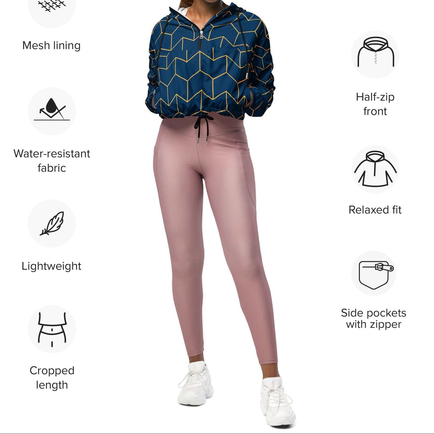 A model wearing The Baron's Court Windbreaker, showing the lightweight jacket's fit and the signature navy blue and yellow Art Deco print.