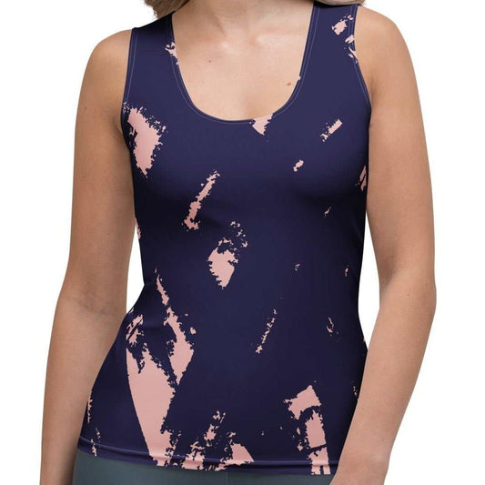 Woman wearing navy and pink patterned Bristol Tank Top with fitted design and scoop neck