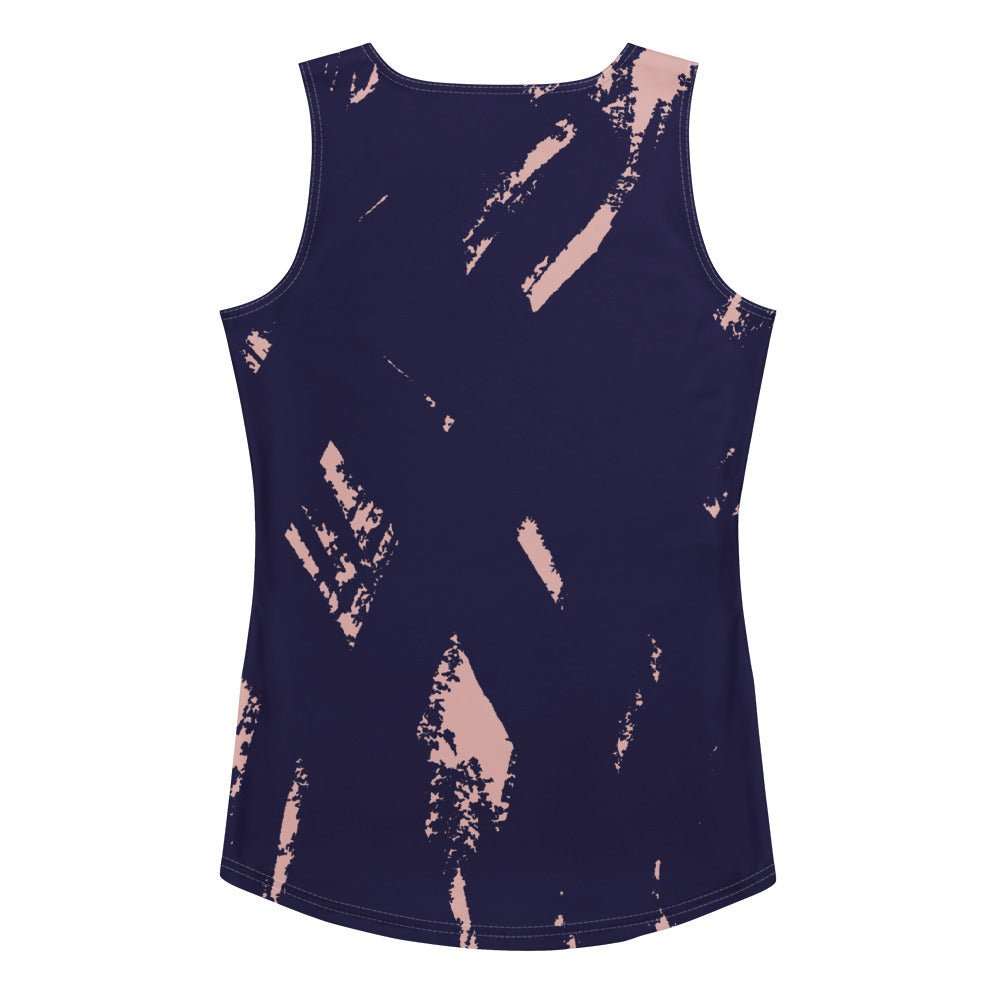 Bristol Tank Top body-hugging navy tank with pink abstract pattern, four-way stretch polyester spandex fabric