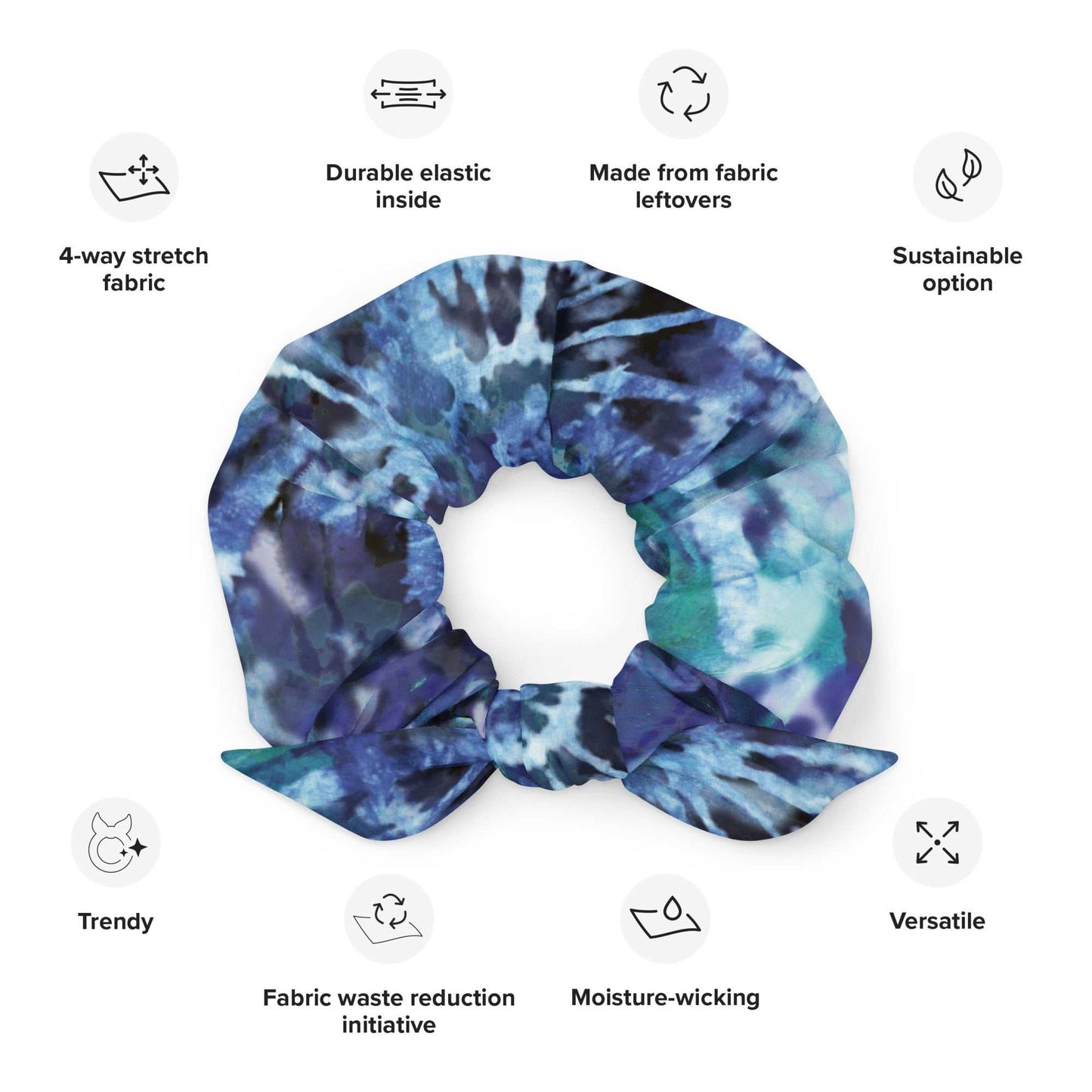 Aclose up of The Athens Tie- Dye Scrunchie showing the detachable bow.