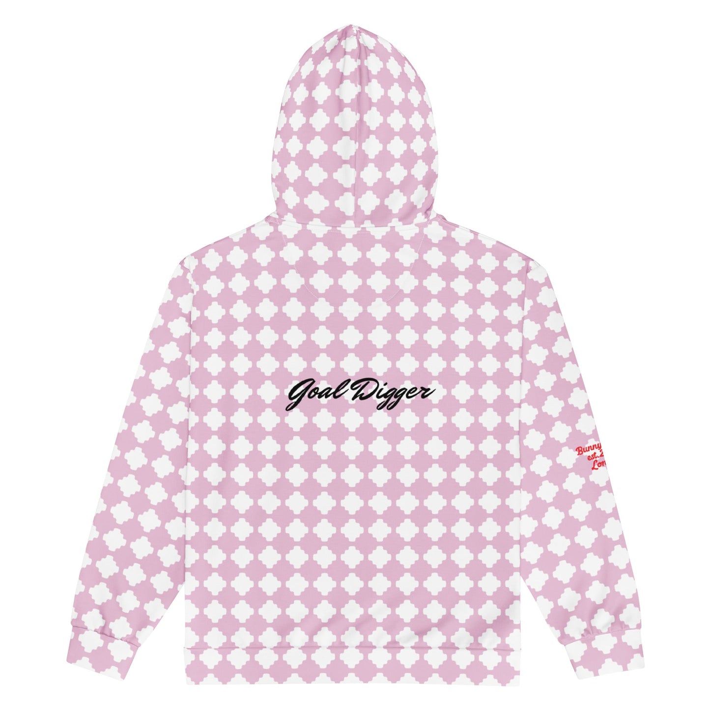 A BunnyBankY zip hoodie featuring a pink and white geometric clover pattern, a dripping heart-cherry graphic on the front, and "Goal Digger" in black script on the back.