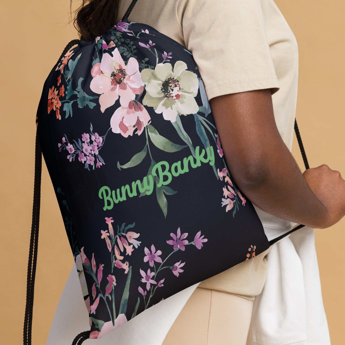 Floral print drawstring bag with contrasting shoulder straps, ideal gym essential backpack