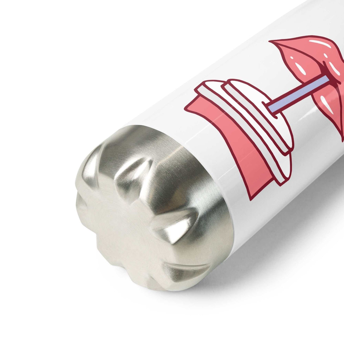 A close up of The Running Late Water Bottle featuring our exclusive "pink lips" graphic with a glossy, vibrant finish.