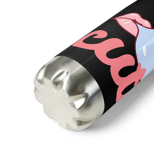 A close-up of The Cute  Bottle's art, showing glossy pink lips and a water-filled chat bubble with the text 'cute'.