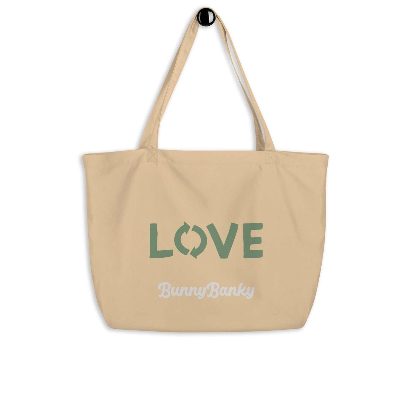 The Manifesto Tote beige cotton reusable bag with LOVE print and dual straps