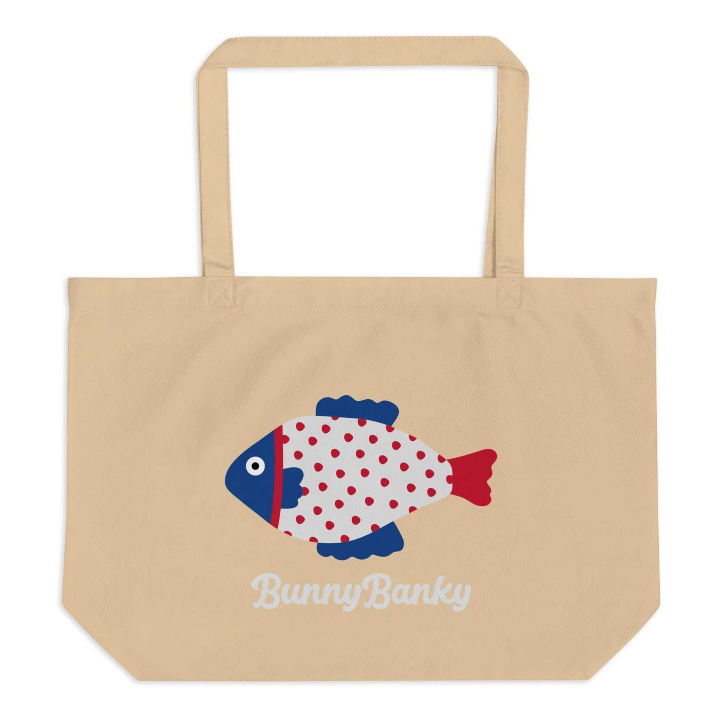 The Coastal Large Organic Tote Bag beige cotton tote with blue and red fish print and BunnyBanky logo