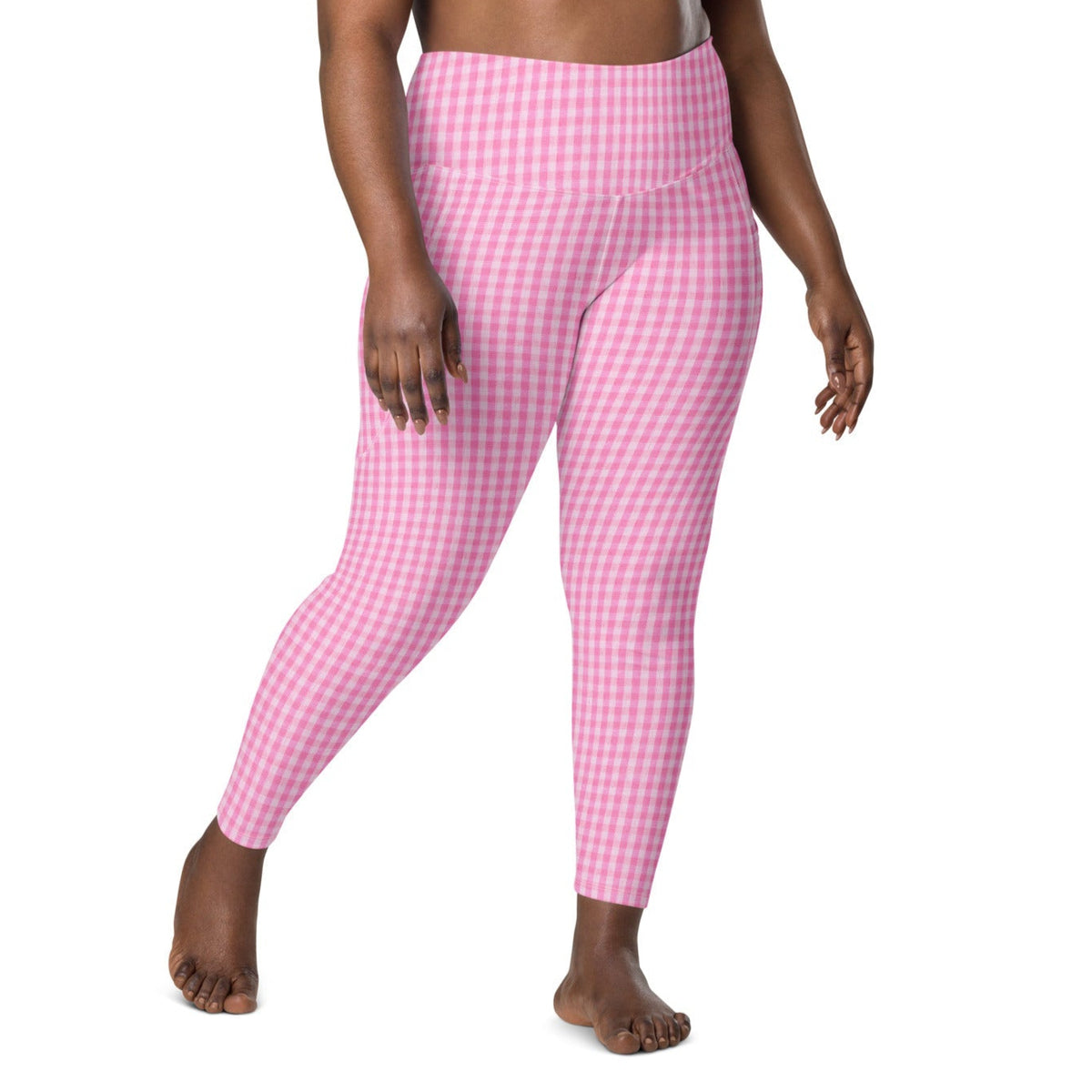 A model wearing the EcoFlex Sculpt Leggings in plaited pink pattern