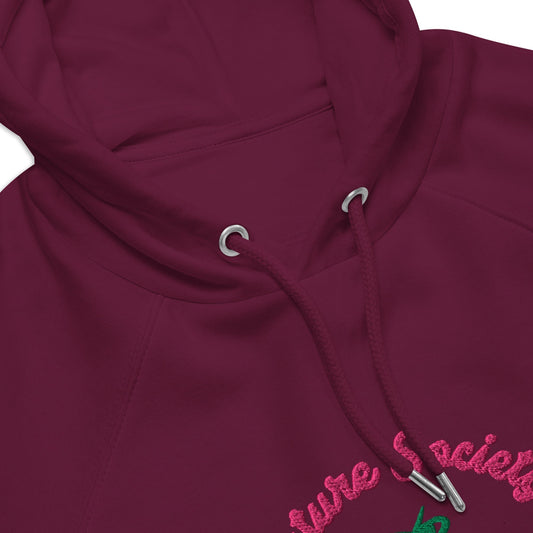 A close-up of The Geneva Visionary Hoodie embroidery, showing the green and blue "Future Society" text and green thunder symbol above the heart logo.