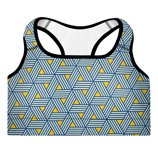 Geneva Performance Bra featuring a pattern of interweaved blue lines in yellow background.