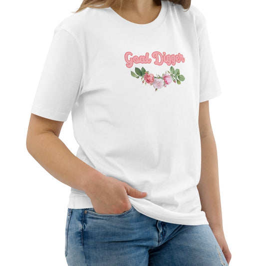 A model wearing The Goal Digger Tee in 100% organic cotton, showing the "Goal Digger" text and arched floral print on the front.
