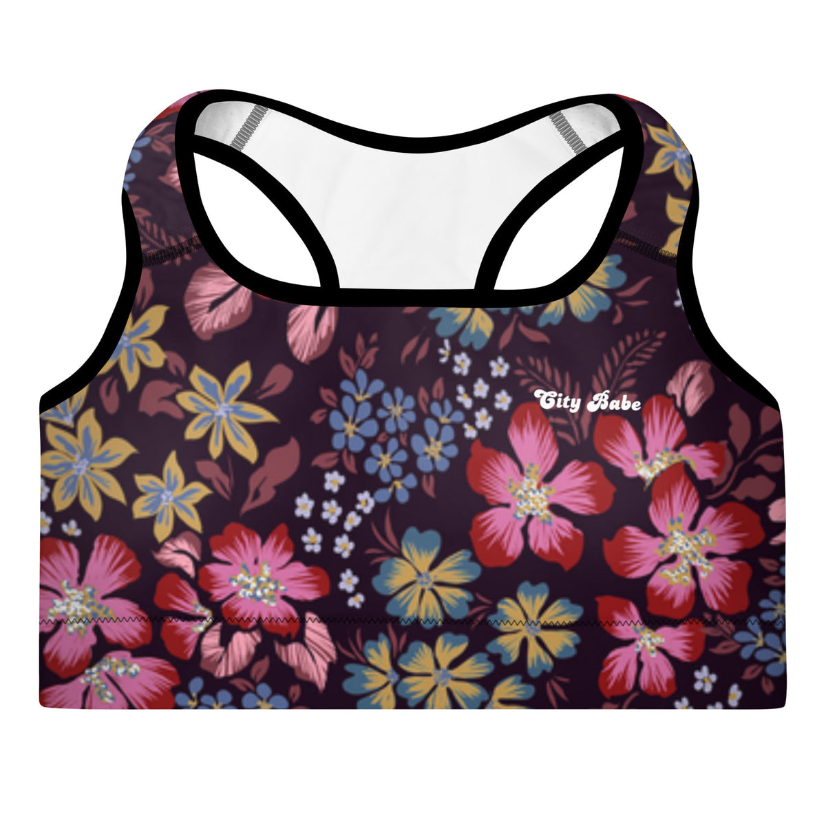 the Green Park Performance Bra in blue, pink, yellow floral pattern on burgundy background