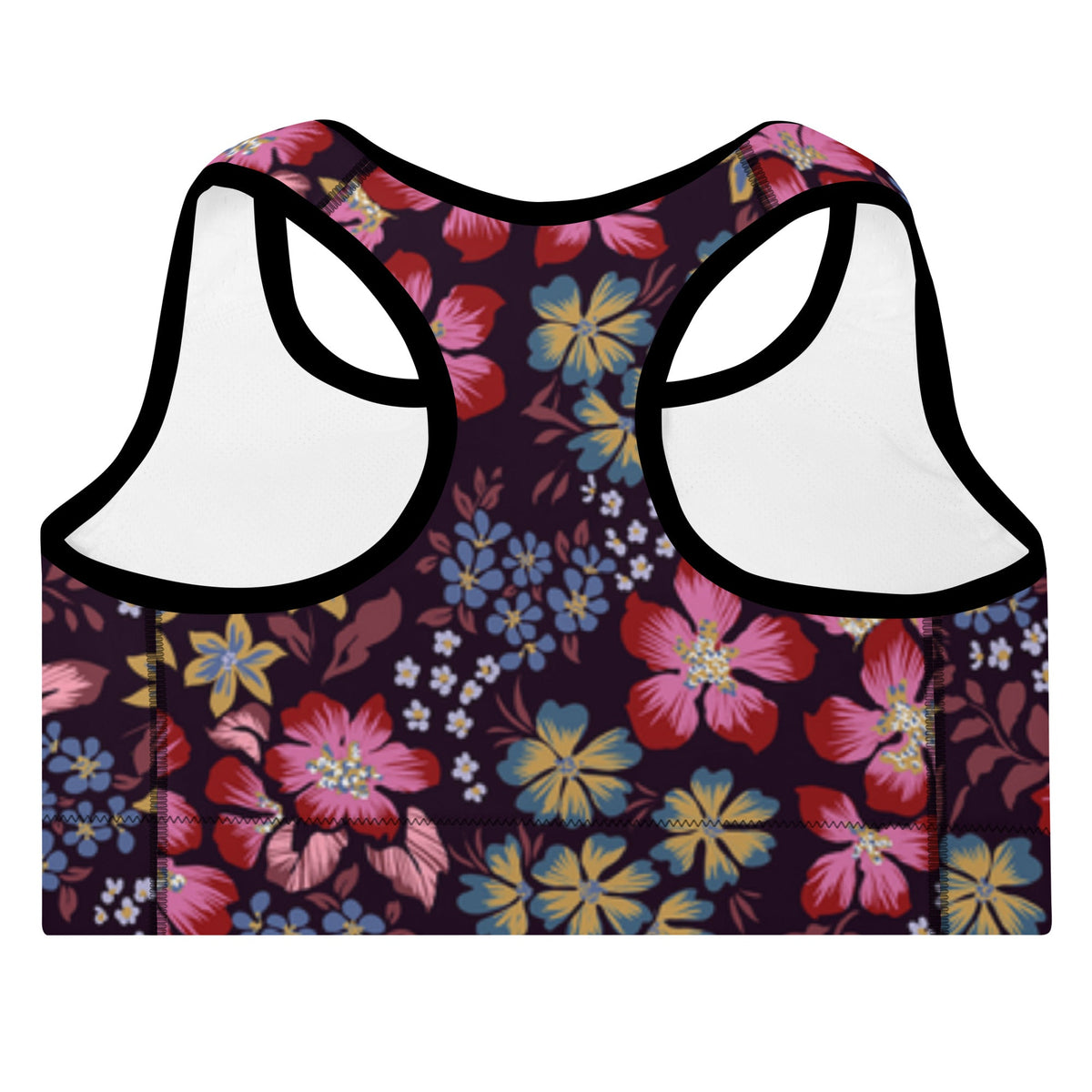the Green Park Performance Bra in blue, pink, yellow floral pattern on burgundy background