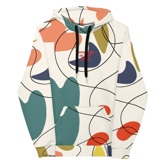 A close-up of The Joie de Vie Hoodie's print, highlighting the sharp geometric shapes and vibrant colours of the Suprematist-inspired abstract art on the recycled polyester fabric.