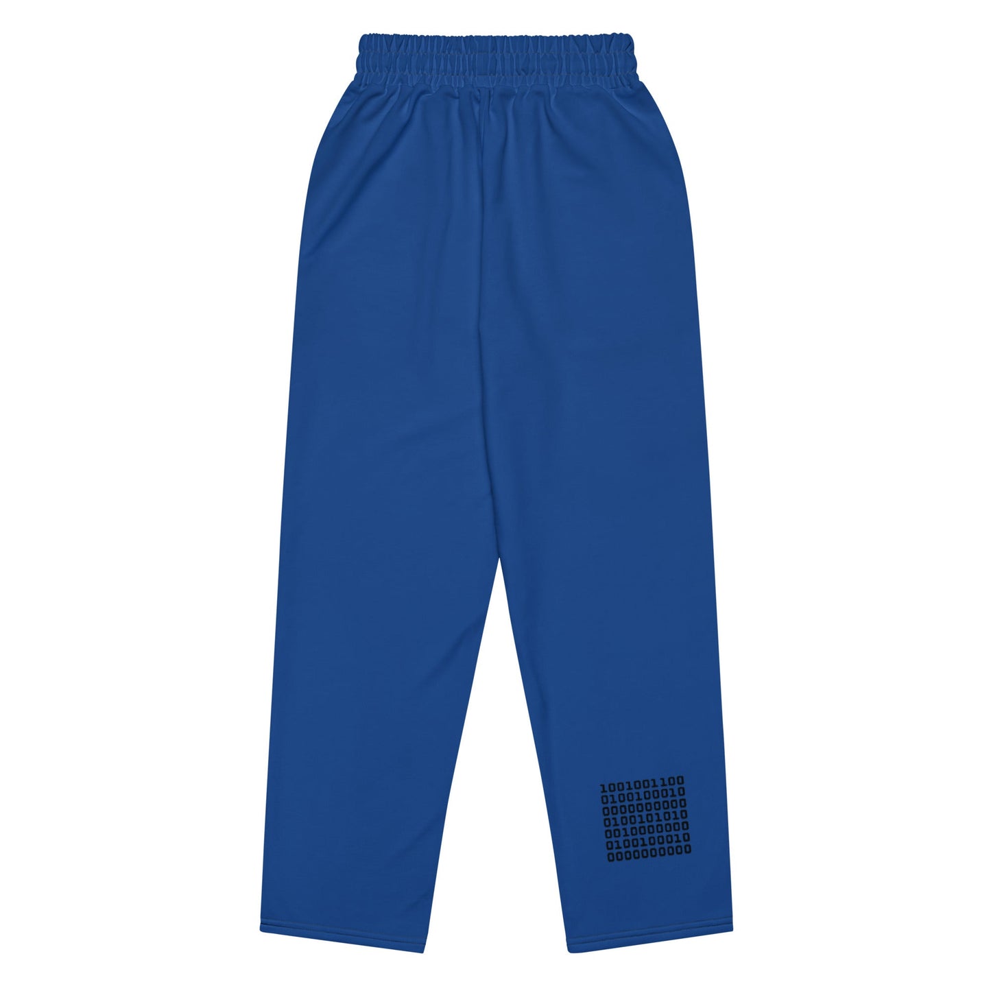 A close-up of The LA Navy Flow Wide Joggers, highlighting the playful Pop Cherry print, the heritage logo and the binary code print (1s and 0s) on the back left leg.