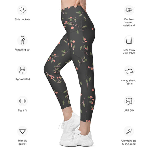 Woman wearing high-waisted Manchester Sculpt Leggings with pink floral print on khaki green, featuring side pockets and a flattering tight fit.