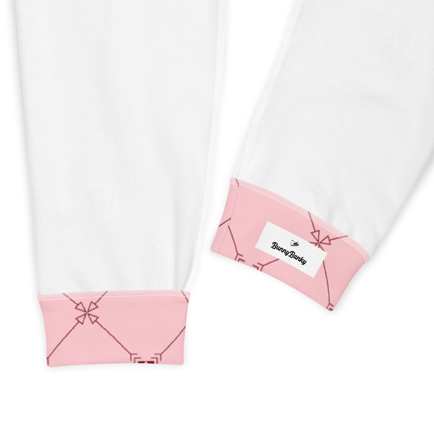 Close-up of the Mayfair Joggers' fabric, highlighting the signature BunnyBankY logo on the pink background and the soft texture of the 95% certified recycled polyester.