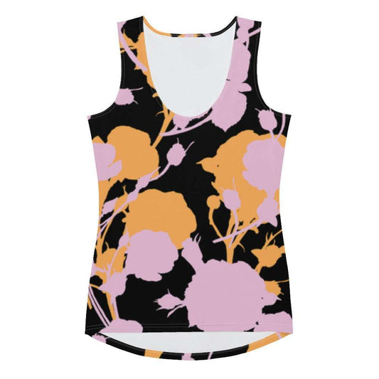 A close-up of The Miami Performance Tank, highlighting the buttery-soft microfiber fabric texture and the dynamic pink and orange splashes print.