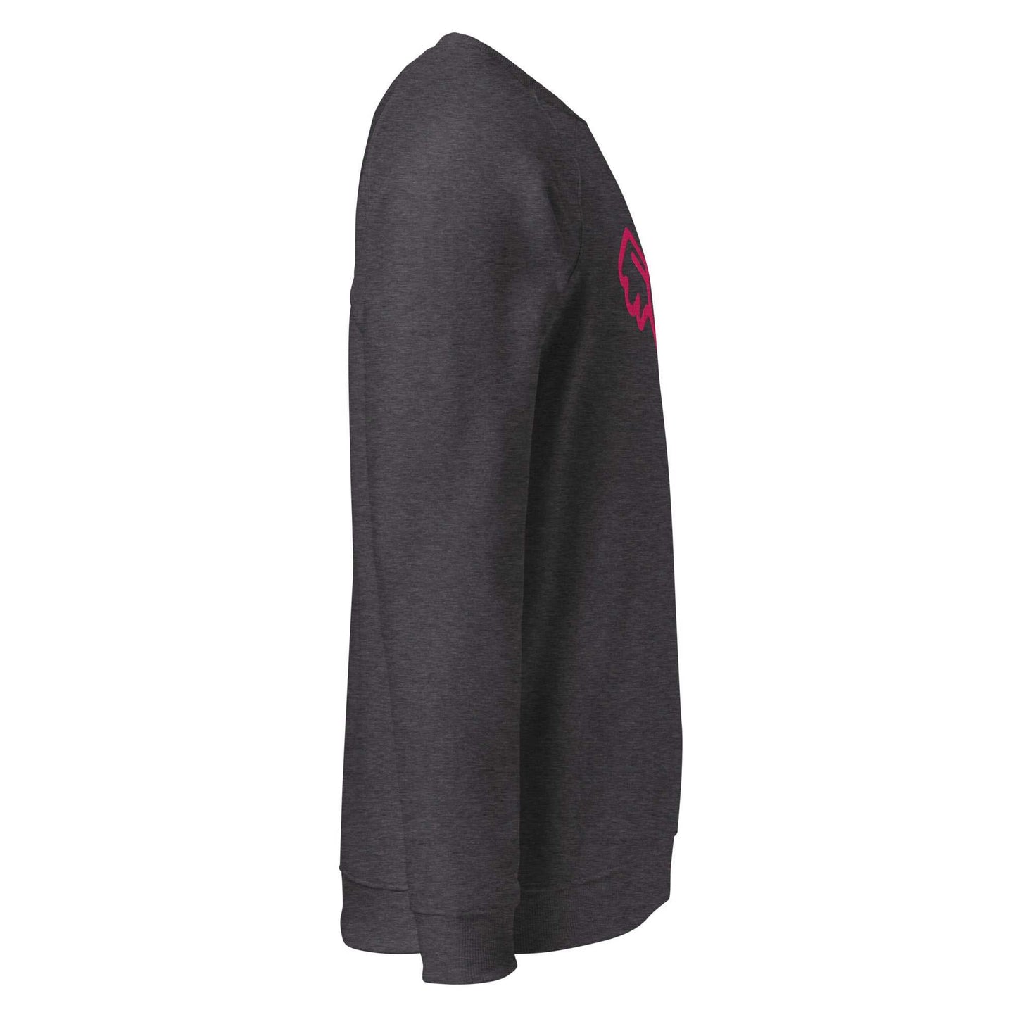 A close-up of The Monument Organic Sweatshirt, showing the detailed embroidery of a vibrant pink heart with wings on the 100% organic cotton fabric.