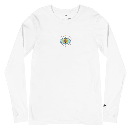 A close-up of The Mykonos Long Sleeve, showing the pop-art evil eye graphic on the premium 100% airlume cotton fabric.