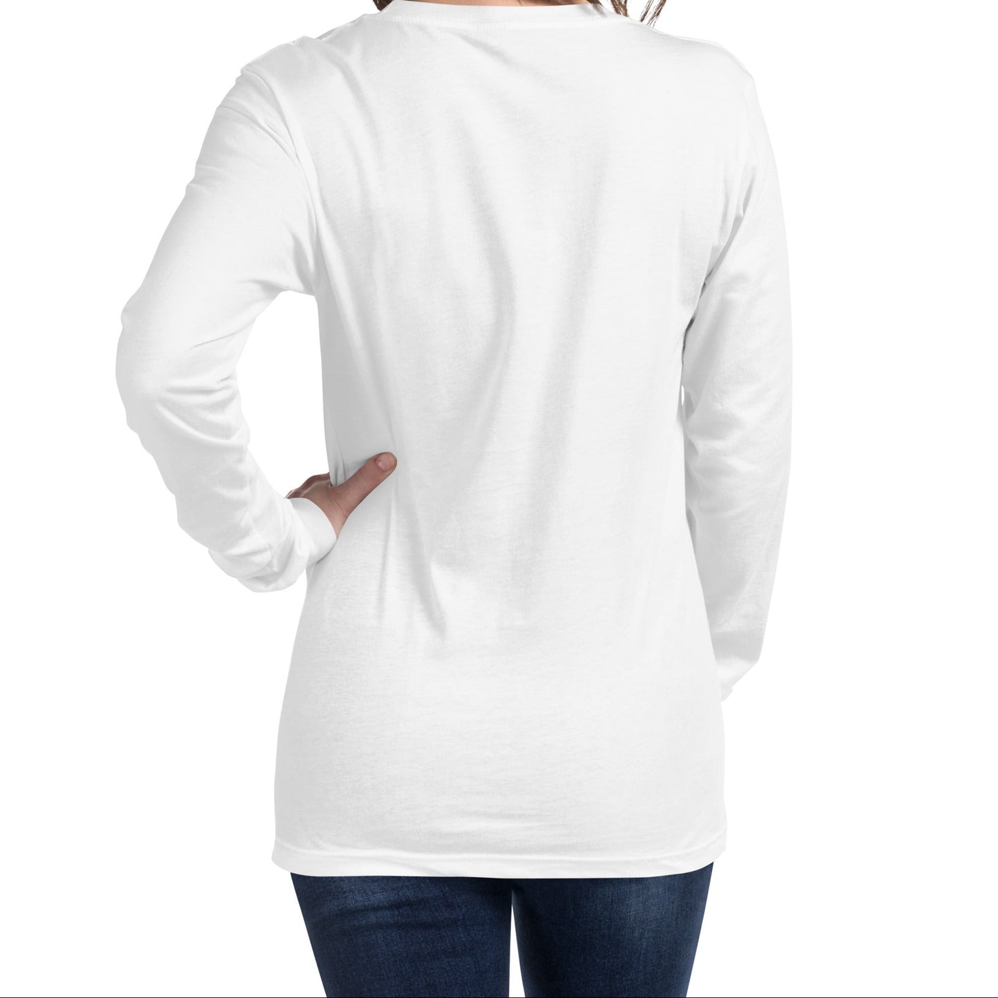 A model wearing The Mykonos Long Sleeve, showing the regular fit and the pop-art evil eye print on the front center.