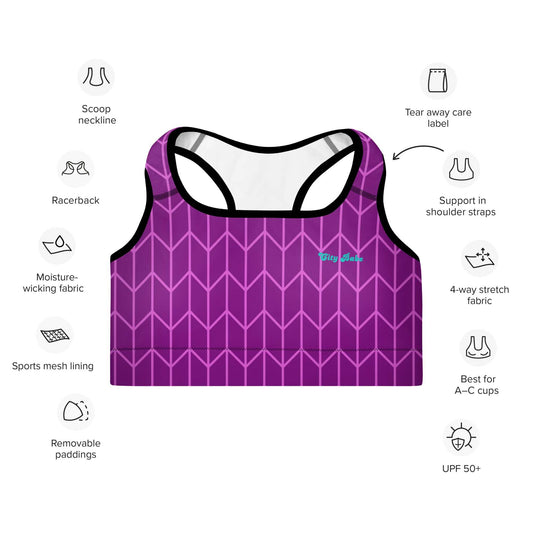 A close-up of The New York Performance Bra, showing the "City Babe" text on the purple Art Deco print.
