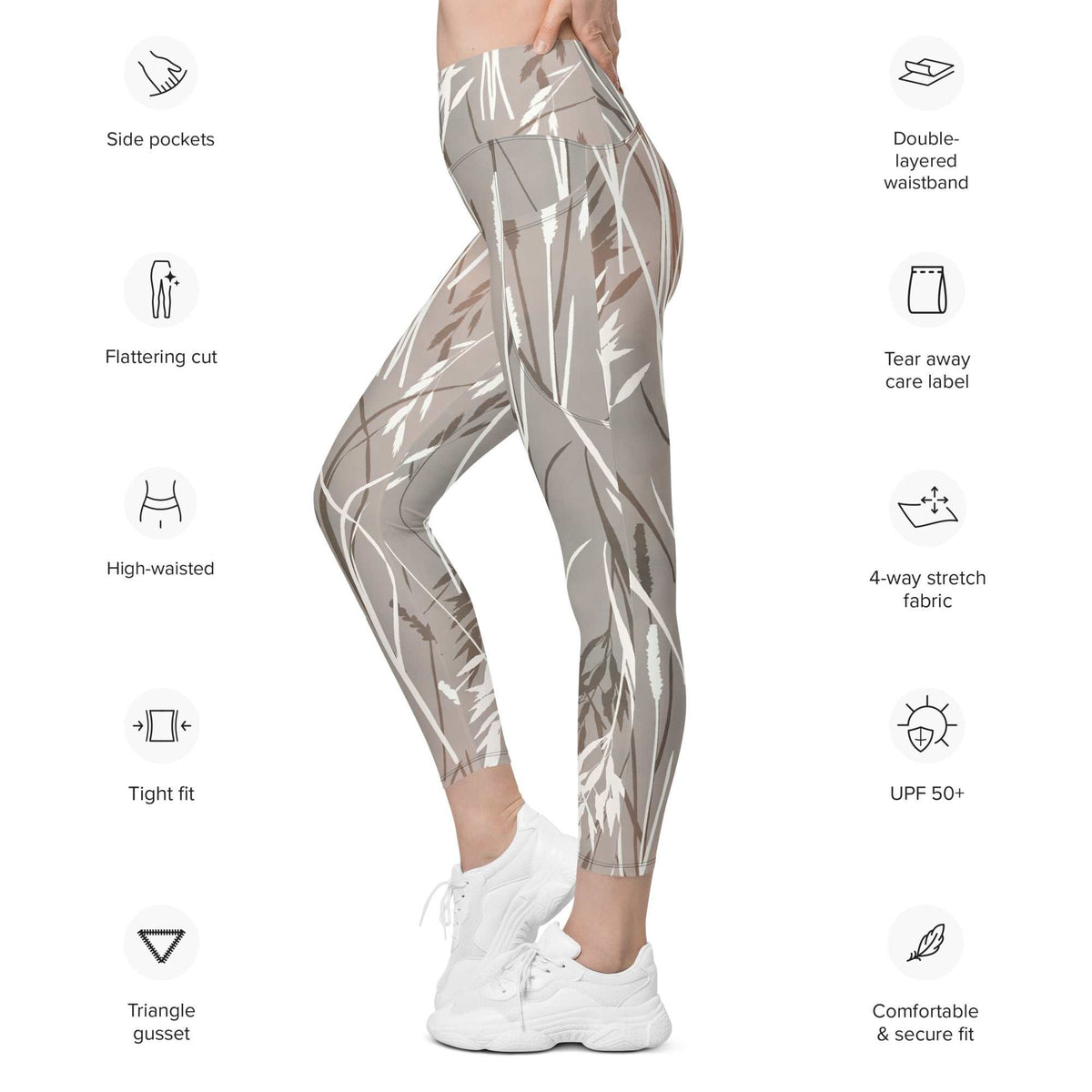 The Osaka Sculpt Leggings in light grey beige with earthy floral brush strokes, high-waisted, mild compression, dual side pockets, UPF 50+, and 4-way stretch fabric