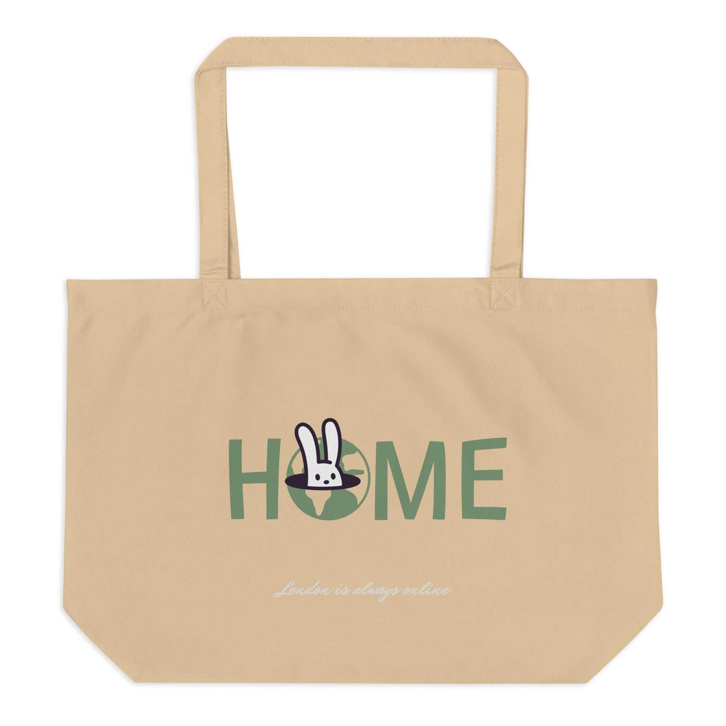 The Manifesto Tote in beige cotton reusable grocery bag with HOME and bunny print