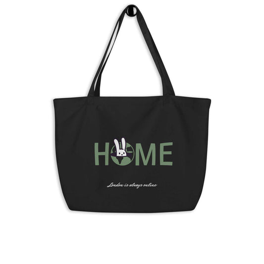 The Manifesto Tote in black with HOME graphic and bunny design, spacious and made of 100% organic cotton.
