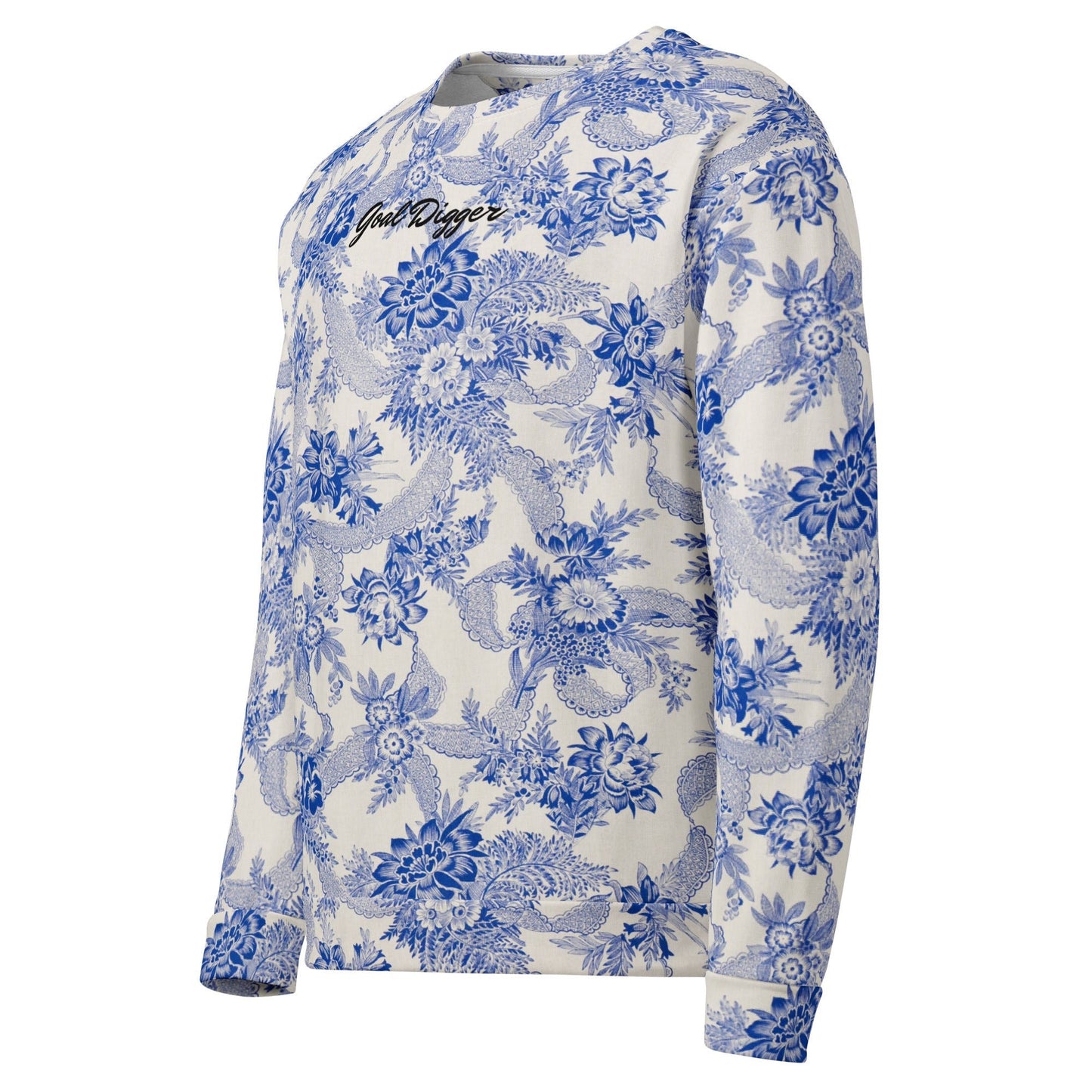 The Saint Germain Sweatshirt, highlighting the "Goal Digger" embroidery on blue floral pattern on cream fabric and the iconic signature logo at the back.