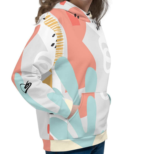 Close-up of the Terra Resort Hoodie on a model. The image focuses on the intricate earth-tone patterns and the soft, high-quality finish of the recycled brushed fleece fabric.